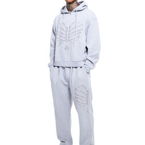 Conjunto Deportivo Gris con Capucha para Hombre, Sudadera con Cremallera Completa, Ropa Casual Estilo Otoño, 100% Algodón, Diseño de Esqueleto en Relieve - Product Image 1