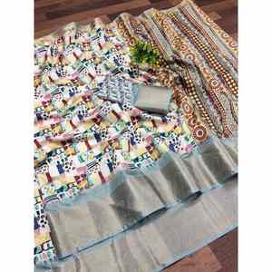 ATTRACTIVE DOLA SILK IMPRESSION NUMÉRIQUE AVEC KANJIVARAM BORDER WORK SAREE AVEC BOLUSE NON COUDU GRIS - Product Image 1