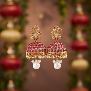 Ruby Kemp Gold Plated Diamond and Pearl Drop Jhumka Earrings for Wedding and Party - Product Image 3