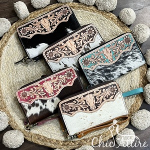 Cartera Elegante de Cuero Vacuno Genuino con Diseño Floral y Cierre de Cremallera para Mujer, 2026 - Product Image 1