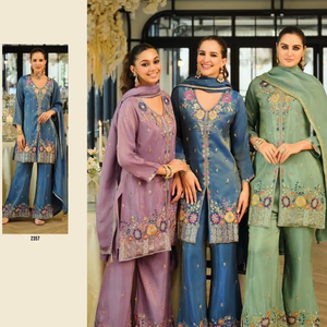 Designer Shimmer <b>Kurta</b> Palazzo Set Embroidery Work Elegant Traditional Ethnic Wear Readymade Outfit for Women Festive Look - Product Image 1