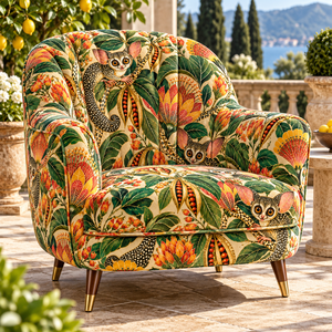 Tissu d'ameublement à imprimé animalier floral botanique, crème, vert, orange, pour meubles et textiles de maison - Product Image 1
