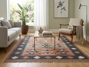 Tapis rectangulaire artisanal en laine tufté à la main, motif géométrique Kilim, écologique, pour salon, à poils moyens, nettoyage localisé, par Krafterscustom - Product Image 3