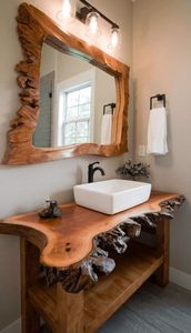 Luxury Handcrafted Modern Live Edge Solid Wood Eco-Friendly Durable Bathroom Vanity Polished Finish Matching <b>Mirror</b> Frame <b>Set</b> - Product Image 5