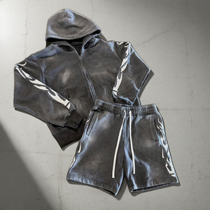 Ensemble 2 pièces OEM hiver respirant délavé à l'acide pour homme : sweat à capuche zippé et short de survêtement avec logo personnalisé sérigraphié sur le devant - Product Image 1