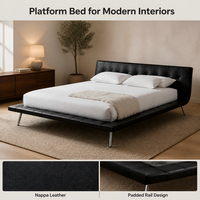 Lit plateforme moderne de luxe en cuir Nappa noir, tête de lit capitonnée, mousse à haute résilience, support à lattes en acier pour chambre à coucher