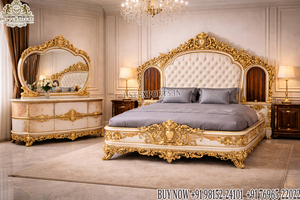 ชุดเฟอร์นิเจอร์ห้องนอนดีไซน์หรูหราสีทองรอยัล พร้อมลวดลายแกะสลัก ชุดเตียงนอนสไตล์แชมเปญโกลด์สั่งทำพิเศษ ชุดห้องนอนสไตล์หรูหราอลังการ - Product Image 3