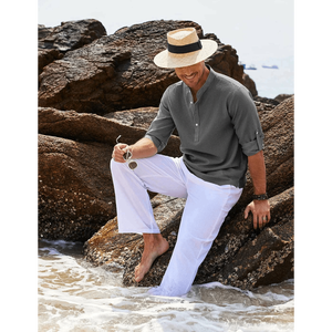 <b>Mens</b> Textured Stripe Mandarin Collar Casual Shirt <b>Roll</b> Up Sleeve Summer <b>Top</b> - Product Image 4
