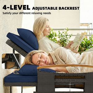 Lettino da Esterno Regolabile in Rattan con Schienale a 4 Livelli, Braccioli in Legno di Acacia Blu Navy, Divano Letto da Patio con Pouf Contenitore - Product Image 4