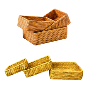 Juego de 3 Cestas/Bandejas Rectangulares de Mimbre RATTAN, Duraderas, Hechas a Mano, Organizador para el Hogar - Product Image 1