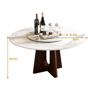 Table à manger ronde moderne de 59 pouces, base en bois massif noyer, plateau en pierre frittée, design croisé robuste pour 6 à 8 personnes, finition marbre - Product Image 2