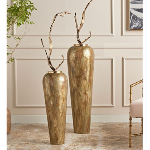Grand vase de sol en métal doré vieilli avec accent de branche, design de luxe, pour décoration de mariage, ornement d'entrée et décoration intérieure - Product Image 1