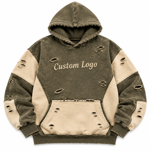 Camiseta Desgastada con Parches, Cuello con Costuras en Capas, Dobladillo Deshilachado, Bordado con Letras, Estilo Rústico, Color Marrón, 420 Gramos - Product Image 2