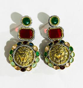 Luxury Sabyasachi Inspired Multicolor Lion Head <b>Cat</b> Eye Stone & Crystal Drop <b>Earrings</b> Gold Plated Statement Bridal Wedding Party - Product Image 2