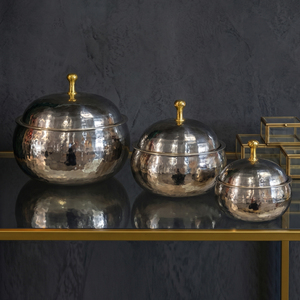 Hammered Design Metal <b>Serving</b> <b>Dish</b> <b>Set</b>. 3-Pieces Elegant Storage Bowls With Gold Knobs Polished Silver Finish For Home & Kitchen - Product Image 1