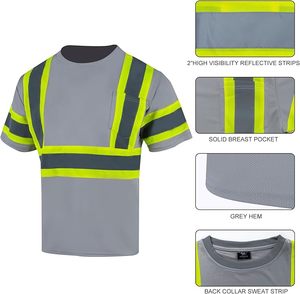 Chemises de sécurité réfléchissantes haute visibilité unisexes ANSI Classe 1 en coton anti-plis pour travaux de construction gris - Product Image 4