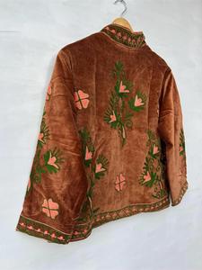 Luxury <b>Brown</b> Velvet Embroidered Suzani <b>Jacket</b> With Floral Pattern Full Sleeve Stand Collar Handmade Bohemian <b>Women's</b> Winter Coat - Product Image 4