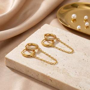 Boucles d'oreilles créoles plaquées or avec chaîne, style vintage minimaliste, unisexe, pour tous les jours, bijoux cadeau - Product Image 3