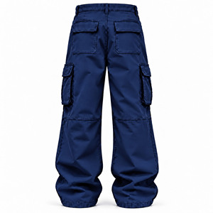 Men's Navy Blue <b>Wide</b> <b>Leg</b> Cargo Pants Mid Waist Button Fly Street Style <b>Trousers</b> With Multiple Pockets - Product Image 2