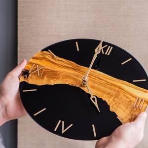 Black and gold wall <b>clock</b> Epoxy resin <b>clock</b> wood <b>clock</b> Roman numeral wall <b>clock</b> Stylish wall <b>clock</b> Epoxy wood <b>clock</b> Luxury <b>clock</b> - Product Image 2