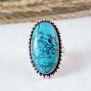 SHYAM JEWELRY Handmade 925 Sterling Silver Blue <b>Turquoise</b> Bezel Setting Oval Rope Texture Boho & Hippie Unisex Wedding <b>Ring</b> - Product Image 1