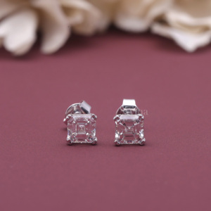 IGI Certified Lab Grown Diamond Asscher Cut Solitaire <b>Stud</b> <b>Earrings</b> in 18K White / Rose & Yellow Gold 6-Prong Diamond <b>Earrings</b> - Product Image 1