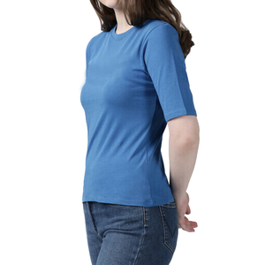 Camiseta de Manga Corta con Cuello Redondo para Mujer, Color Azul Sólido, Informal, Transpirable, Corte Regular, 100% Algodón Jersey, Tejido de Punto, para Todas las Temporadas - Product Image 3