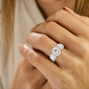 14K White Gold Three Stone Halo Diamond Ring 1.50CT Round Cut Engagement Ring Pave Set Luxury <b>Bridal</b> Jewelry - Product Image 3