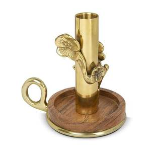Brass Candlestick Holder With Wooden Base And Floral Design For Home Decoration At <b>Cheap</b> Price - Product Image 1
