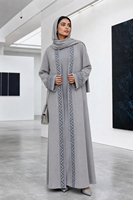 Ensemble Abaya Gris Tricoté Premium pour Femme, Motif Bordure Géométrique, Cardigan Long Modeste, Fabrication Directe Usine, Personnalisation ODM, pour le Moyen-Orient