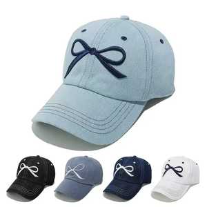 White Cotton Baseball Cap With <b>Navy</b> Bow Embroidery Adjustable For Women Spring Summer Fashion Casual <b>Hat</b> - Product Image 5