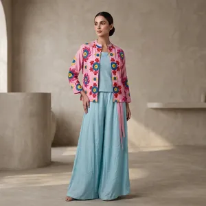 Ensemble décontracté ethnique 3 pièces bohème pour femme en velours côtelé brodé 100 % coton respirant à manches trois-quarts printemps-été - Product Image 6