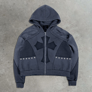 Sweat à capuche zippé surdimensionné pour homme, style rétro, avec rivets décoratifs, imprimé numérique, coupe courte, en molleton bouclette 450 g/m², délavé à l'acide, effet vieilli et patchwork - Product Image 1