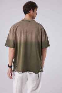 T-shirt décontracté surdimensionné en coton 100% lavé vert de haute qualité, style streetwear, effet usé, pour hommes - Product Image 6