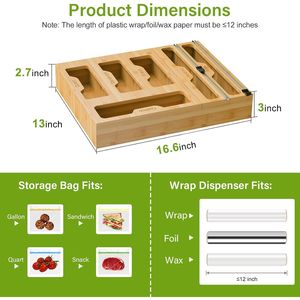 Organizzatore in bambù con 2 dispenser per pellicole e 4 scomparti per sacchetti in plastica per alimenti da cucina - Product Image 4