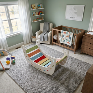 DISICO Chaise à bascule 3-en-1 pour enfants, dossier en lattes de bois brun rougeâtre, design moderne, longueur 1050 mm, chaise enfant - Product Image 6