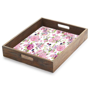 Plateau de service rectangulaire en bois avec motif floral bleu, design chinois traditionnel, peint à la main, vaisselle et assiettes - Product Image 5
