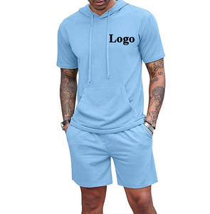 Ensemble de survêtement pour homme en polyester/coton, 2 pièces, sweat à capuche athlétique, manches courtes, ensemble décontracté de sweat-shirt et short de sport, longueur genou - Product Image 1