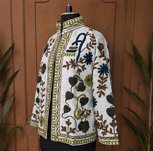 Luxury Handmade Floral Embroidery <b>Quilted</b> Jacket for Women Brown Olive Navy Velvet Fabric Quick Dry Cotton Boho Jaipur Style - Product Image 3