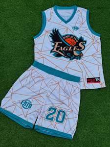 ชุดเสื้อบาสเก็ตบอลคุณภาพสูง สีขาว-เขียวอมฟ้า ลายเรขาคณิต พิมพ์ลายแบบซับลิเมชั่น แขนกุด คอวี ระบายอากาศได้ดี ผลิตจากโพลีเอสเตอร์ สำหรับผู้ใหญ่ ทั้งชายและหญิง - Product Image 1