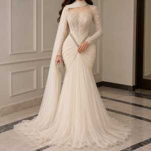 Vestido de Novia Color Marfil con Perlas Bordadas a Mano, Manga Larga Transparente, Corsé con Cuentas, Fular Drapeado, Transpirable para Boda - Product Image 1