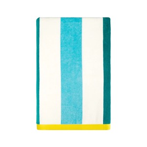 Striped Cotton Beach Towel White Teal Yellow Trim Quick-Dry Summer Pool Use Adult Modern Style Rectangle Best Price Cheap Price - Product Image 2