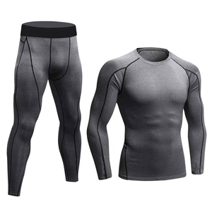 Conjunto de compresión gris de manga larga para hombre, cuello redondo, de secado rápido, de spandex y poliéster, top de manga larga y pantalones, kit sólido para todas las estaciones - Product Image 2