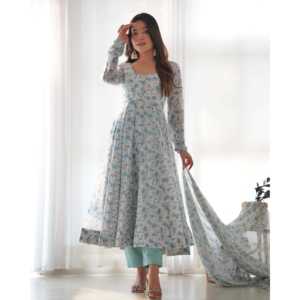 ชุดสูท anarkali organza นุ่มบริสุทธิ์พร้อม DKB-262เย็บเต็ม - Product Image 1