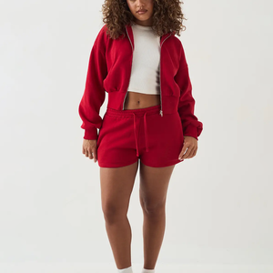 Conjunto deportivo de dos piezas para mujer, de algodón, transpirable, ecológico, para entrenamiento, correr, con sudadera con capucha y pantalones cortos, para invierno. - Product Image 1