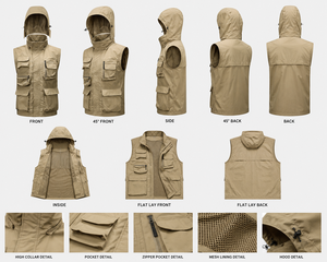 Chaleco de Pesca Multibolsillos para Hombre con Capucha Solar de Malla Desmontable, Chaqueta Táctica Ligera sin Mangas para Senderismo - Product Image 5