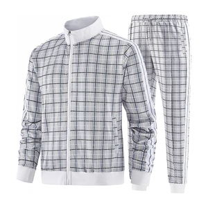 White Grey Micro Check Plaid Tracksuit Men Side Stripe Zip Jacket <b>Jogger</b> Set Athleisure Sportswear - Product Image 2