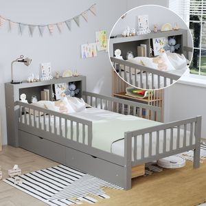 Letto singolo grigio per bambini con testiera, scaffale portaoggetti, due cassetti sottoletto e tre sponde laterali per sicurezza e protezione - Product Image 6