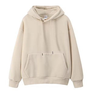 Unisex Beige Hooded Sweatshirt Oversized Fit Cotton French Terry Casual Pullover with Front Pocket Autumn Wear - Product Image 1