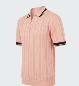 Camiseta polo texturizada color melocotón para hombre, de algodón, con cuello con cremallera, manga corta, ropa informal de verano - Product Image 1